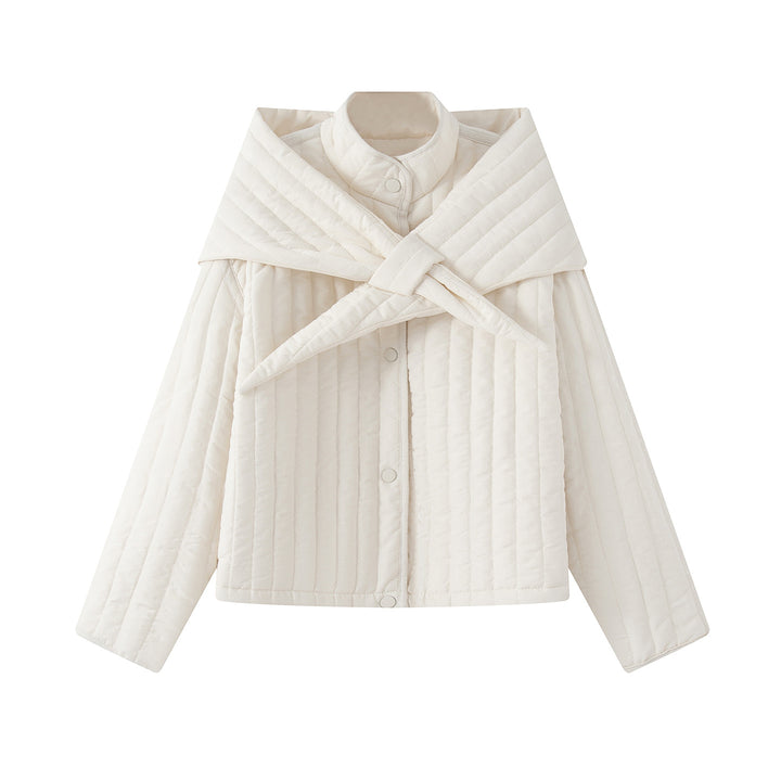 Women's quilted jacket with large wrap collar and tie scarf Mune Fashion