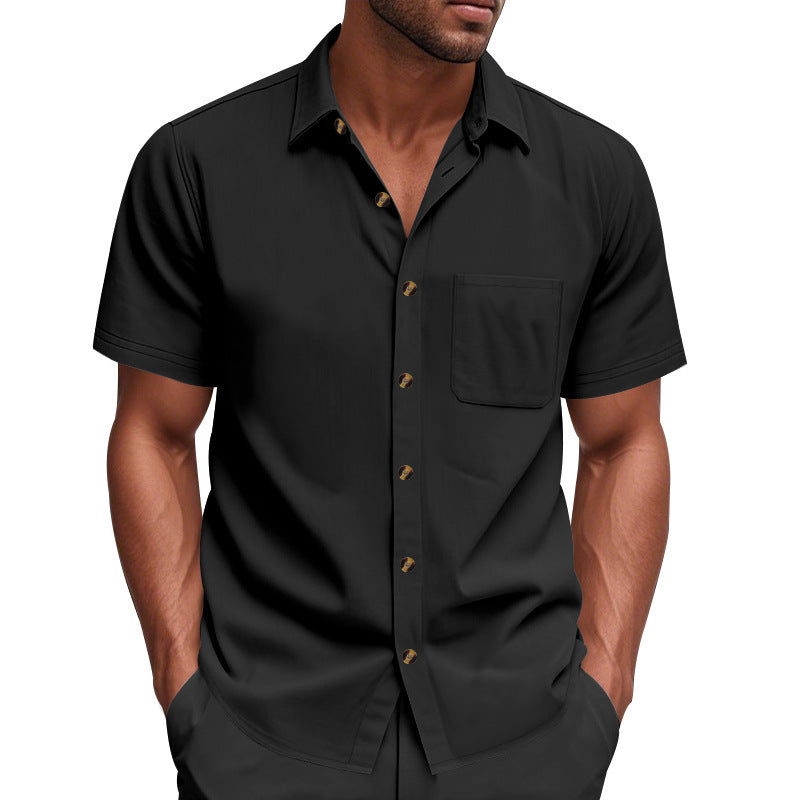 Men's short-sleeve resort shirt made of linen blend with chest pocket and drawstring Bermuda Mune Fashion