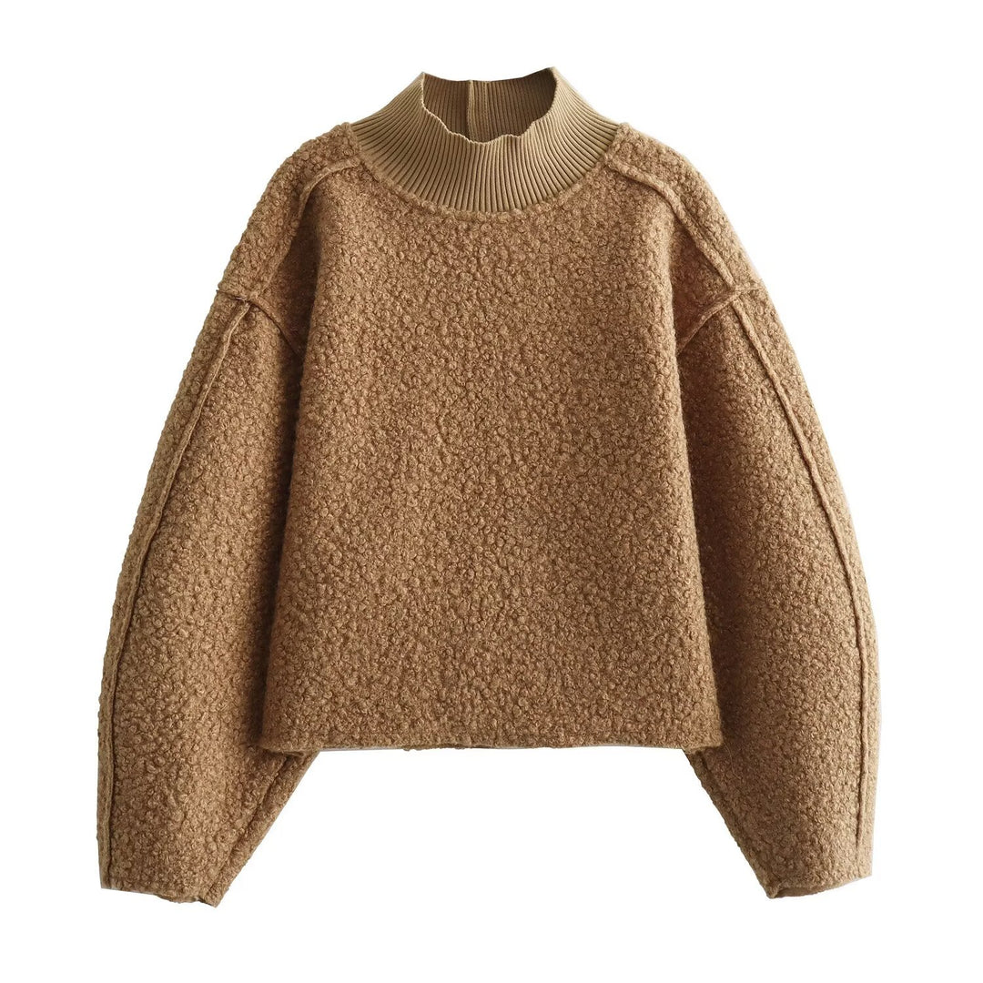 Women Oversize Cropped Pullover with Stand-Up Collar and Balloon Sleeves Mune Fashion