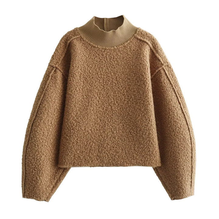Women Oversize Cropped Pullover with Stand-Up Collar and Balloon Sleeves Mune Fashion