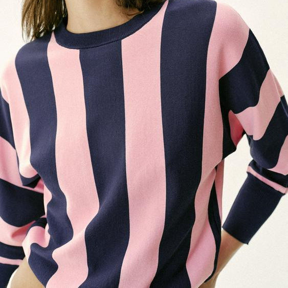 Women's Oversized Knit Sweater with Wide Stripes, Round Neckline and Extended Ribbed Sleeves Mune Fashion