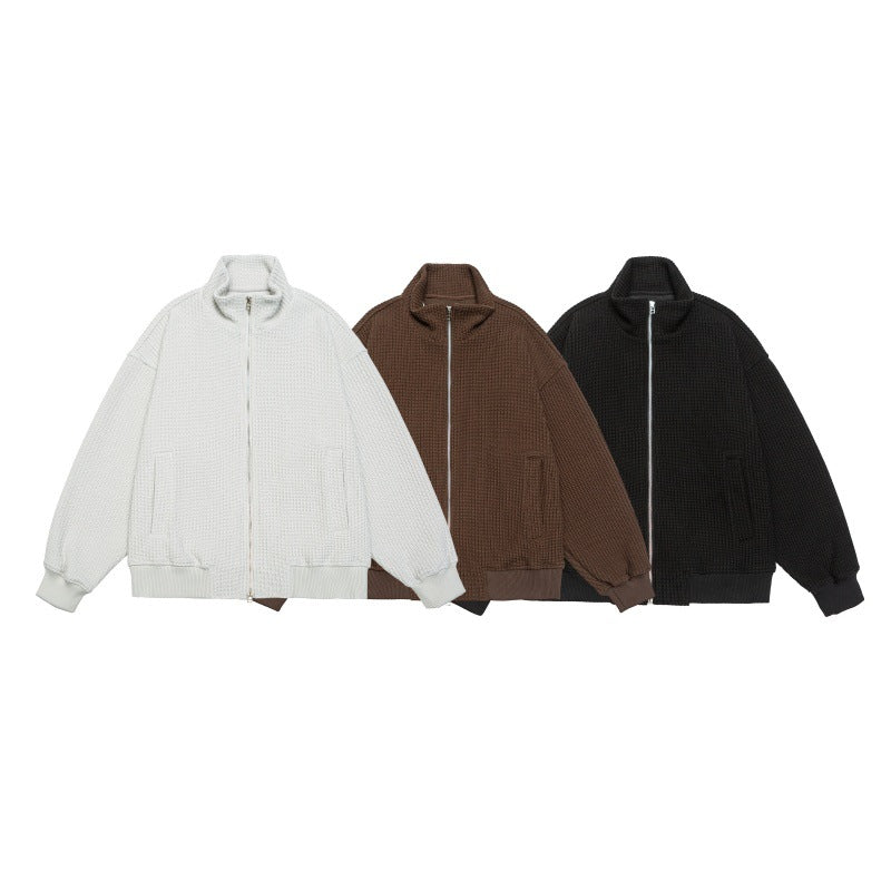 Unisex chunky knit boxy zip jacket with stand-up collar and ribbed cuffs Mune Fashion