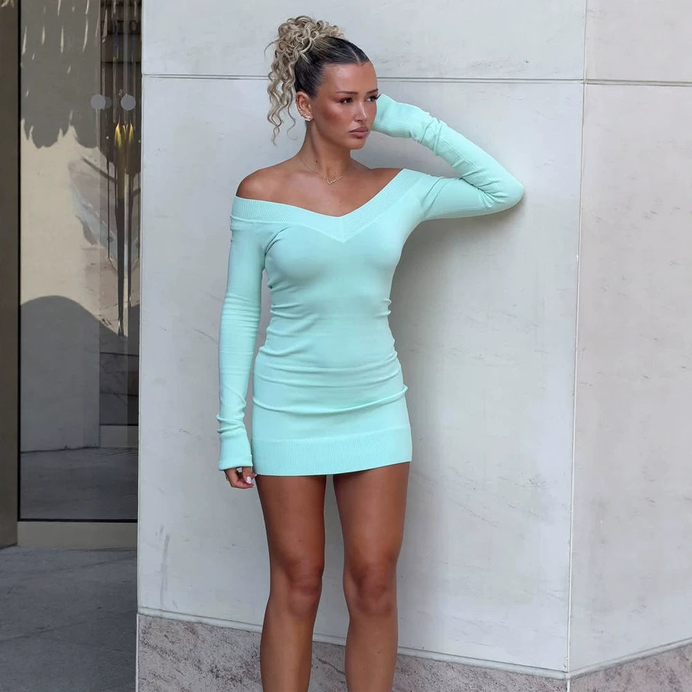 Women's Figure-Hugging Off-Shoulder Knit Mini Dress with V-Neck and Long Sleeves Mune Fashion
