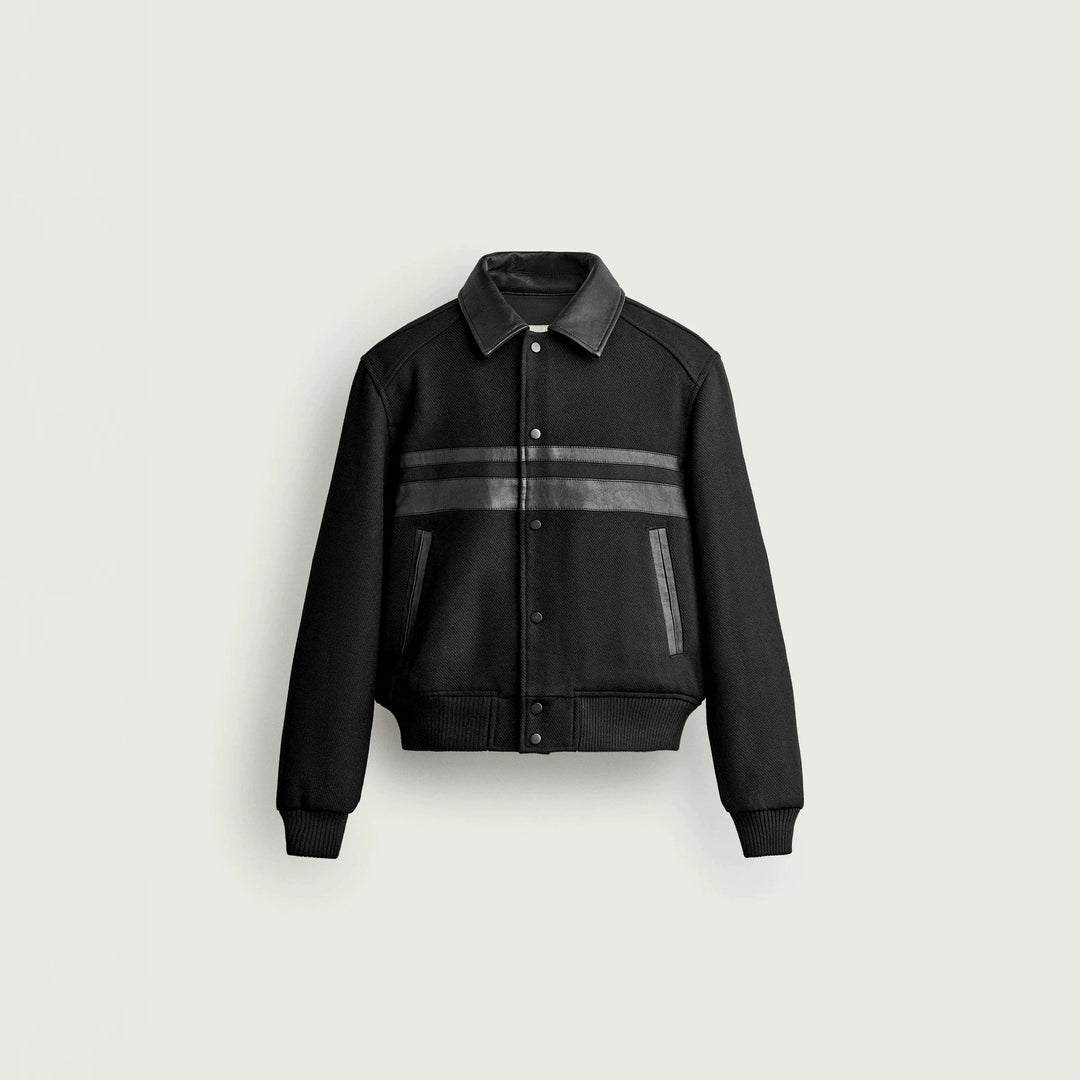 Men's short bomber jacket in vintage style with contrasting leather trim and ribbed cuffs Mune Fashion