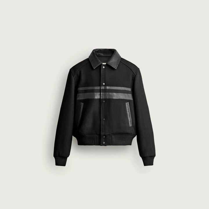 Men's short bomber jacket in vintage style with contrasting leather trim and ribbed cuffs Mune Fashion