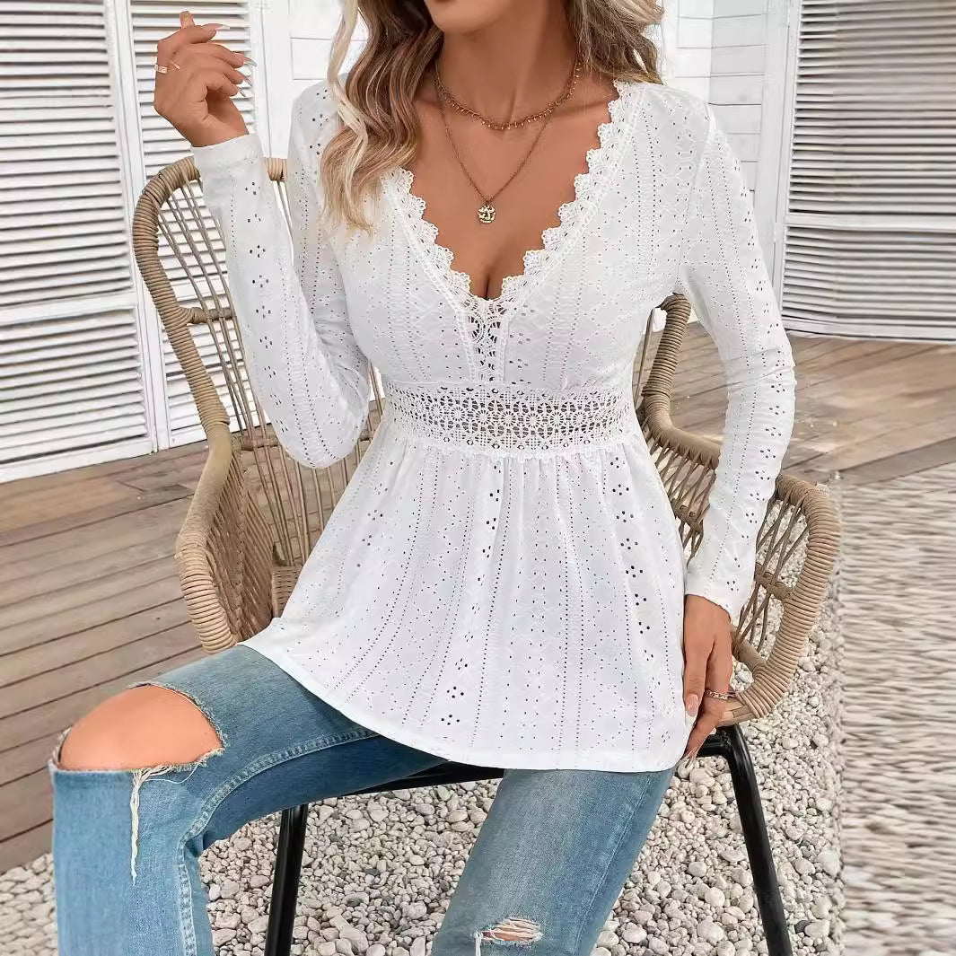 Ladies romantic Broderie-Anglaise tunic with waist lace band and V-neck Mune Fashion
