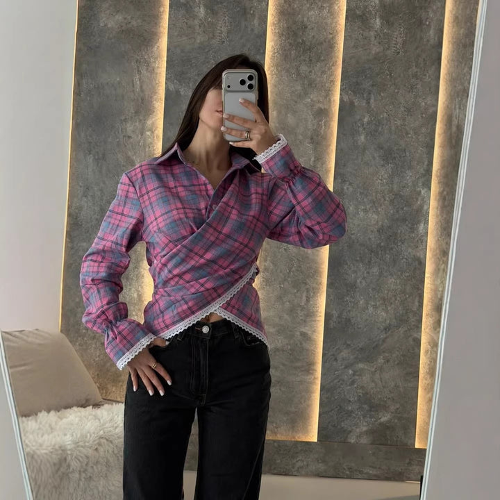 Women's checked shirt with lace trim and asymmetrical wrap hem Mune Fashion