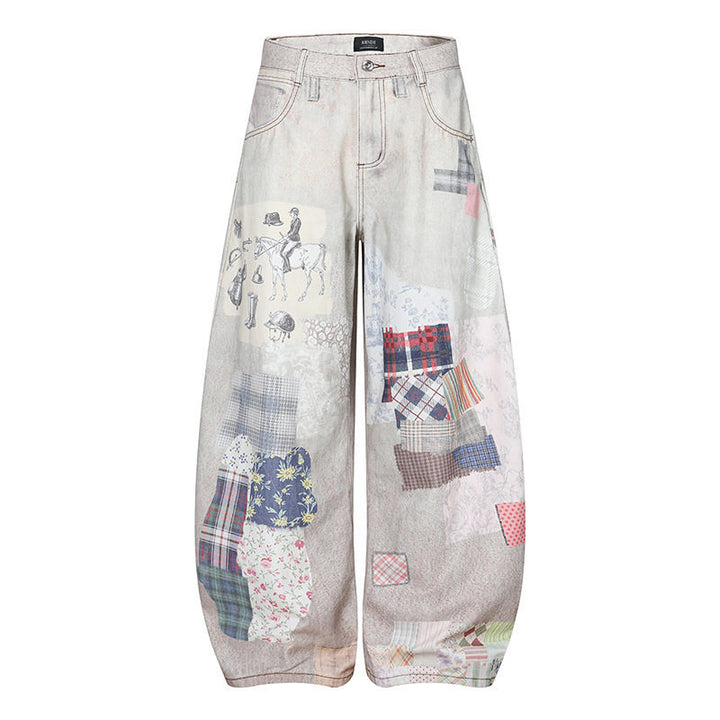 Women's Wide High-Waist Culotte Jeans with Patchwork Print and Balloon Silhouette Mune Fashion