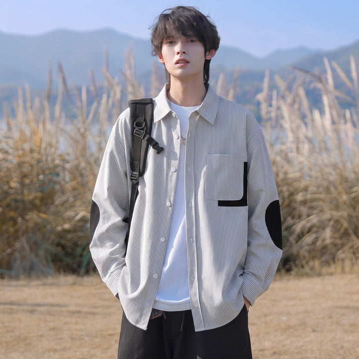 Men's oversized shirt with fine pinstripe, contrast pocket, and elbow patches Mune Fashion