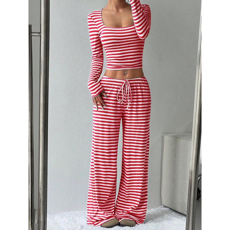 Women's Striped Lounge Two-Piece with Wide Leg and Cropped Long Sleeve Top Mune Fashion