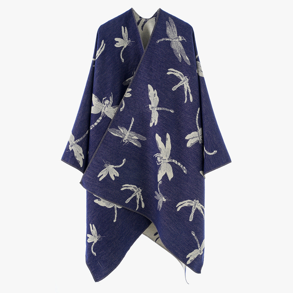 Ladies Reversible Jacquard Poncho with Dragonfly Pattern Mune Fashion