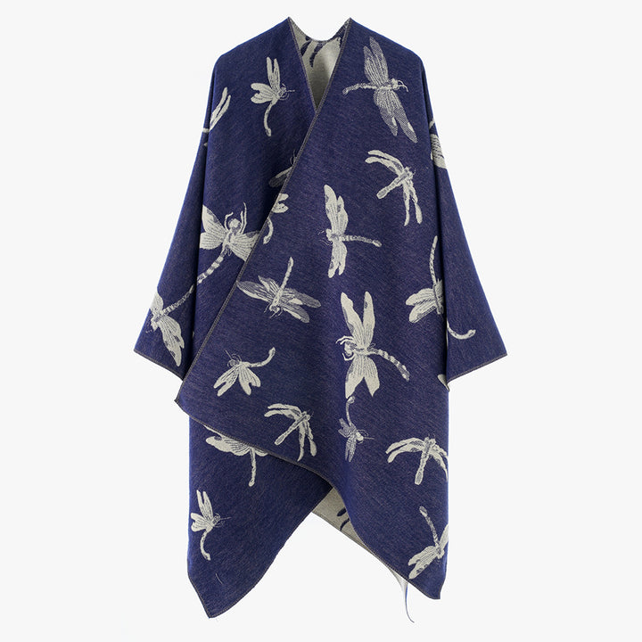 Women Oversize Cape made of fine jacquard knit with dragonfly motif and reversible wool look Mune Fashion