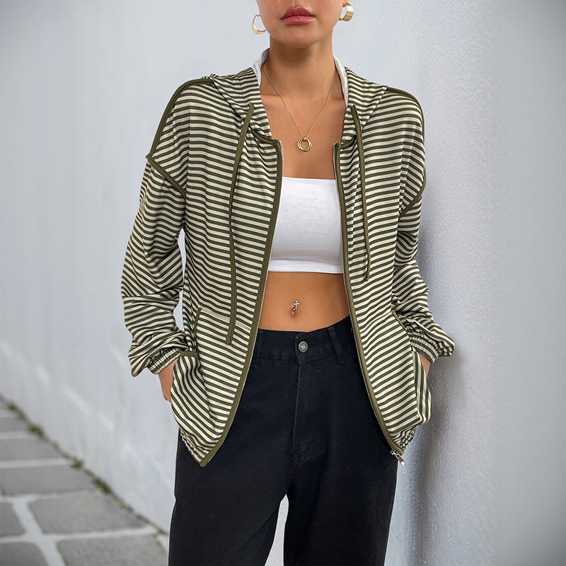 Women's Striped Hoodie with Zip, Drawstring and Elastic Cuffs Mune Fashion