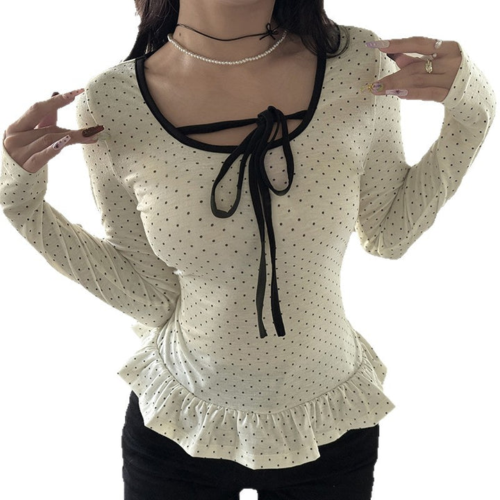 Women's fitted long sleeve with frill hem, drawstring and fine polka dot pattern Mune Fashion