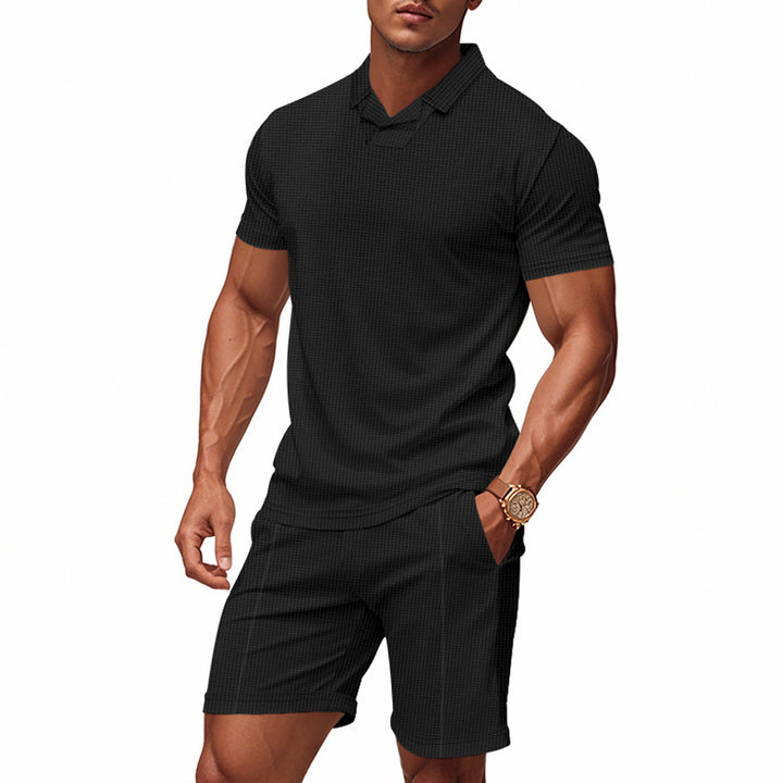 Men's casual waffle structured leisure set with lapel collar short sleeve shirt and elastic leisure shorts Mune Fashion