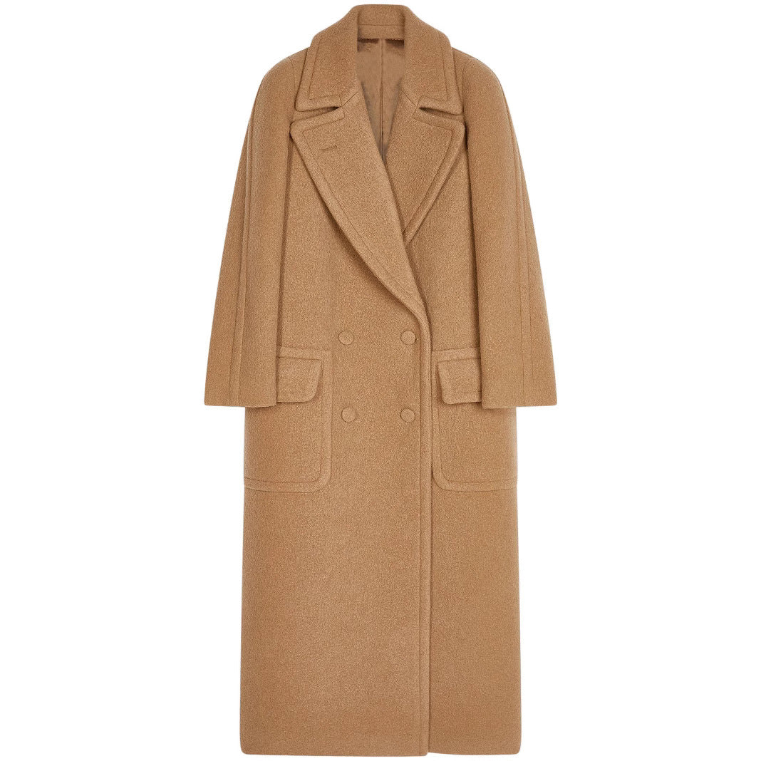 Women's Maxi Double-Breasted Wool Coat with Oversized Lapels and Flap Pockets Mune Fashion