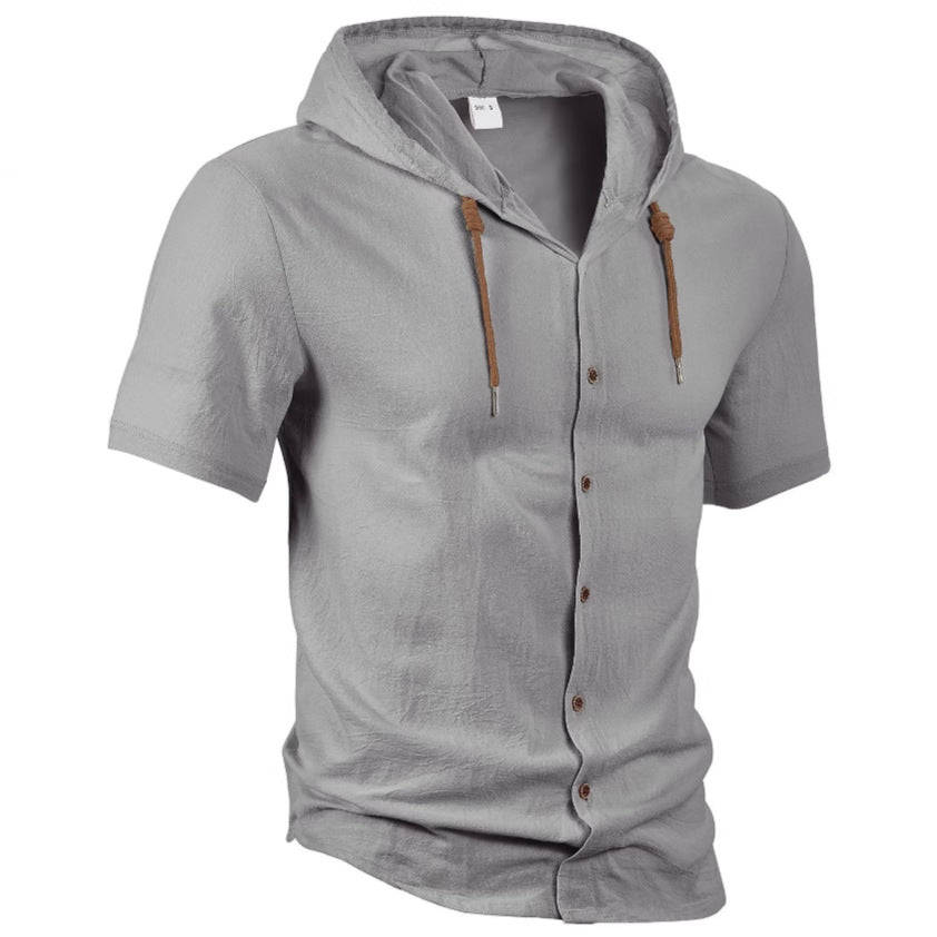 Men's short-sleeved hooded shirt with button placket, drawstring and linen look Mune Fashion