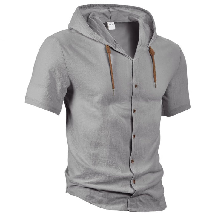 Men's short-sleeved hooded shirt with button placket, drawstring and linen look Mune Fashion