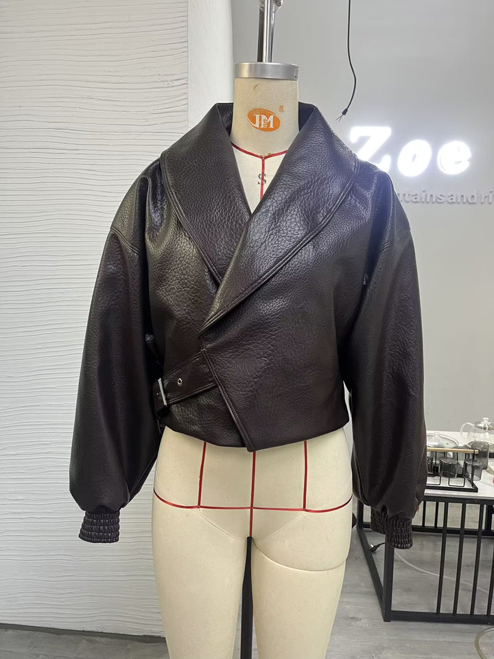 Women Faux Leather Bomber Jacket with High Stand Collar, Asymmetrical Closure and Elastic Hem Mune Fashion