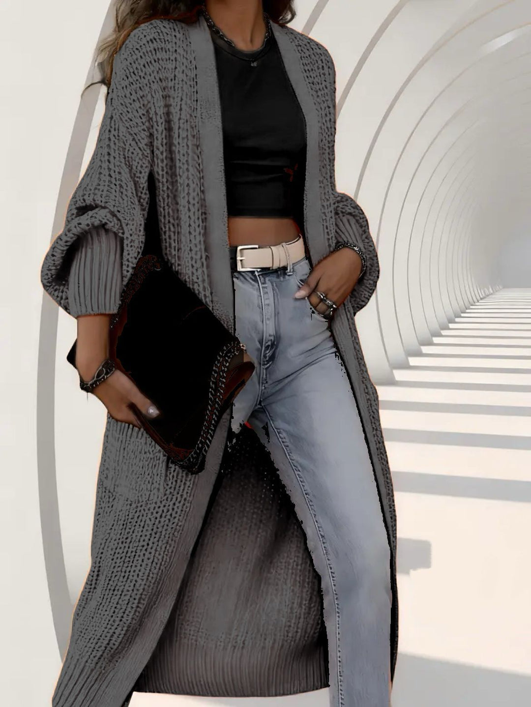 Women Long Open Chunky Knit Coat Cardigan with Braided Structure and Dropped Shoulder Mune Fashion