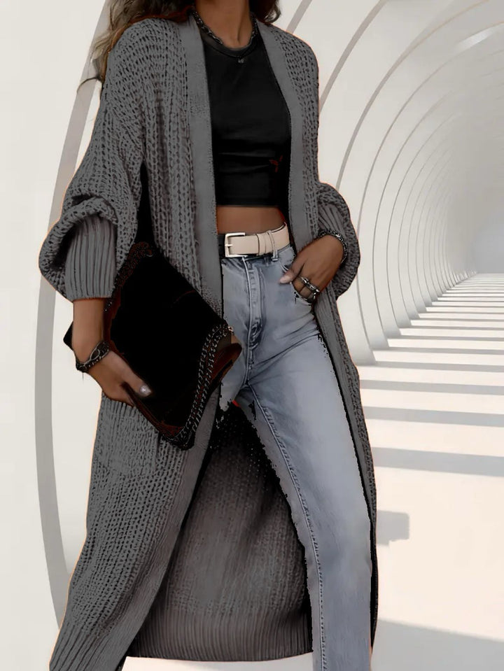 Women Long Open Chunky Knit Coat Cardigan with Braided Structure and Dropped Shoulder Mune Fashion