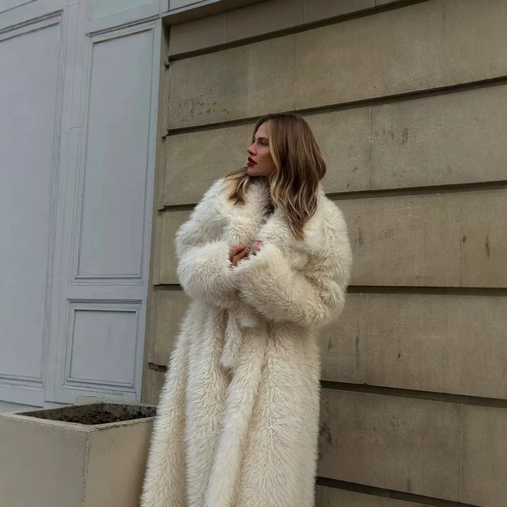 Women’s Maxi Faux Fur Coat with Voluminous Shawl Collar and Wrap Belt Mune Fashion
