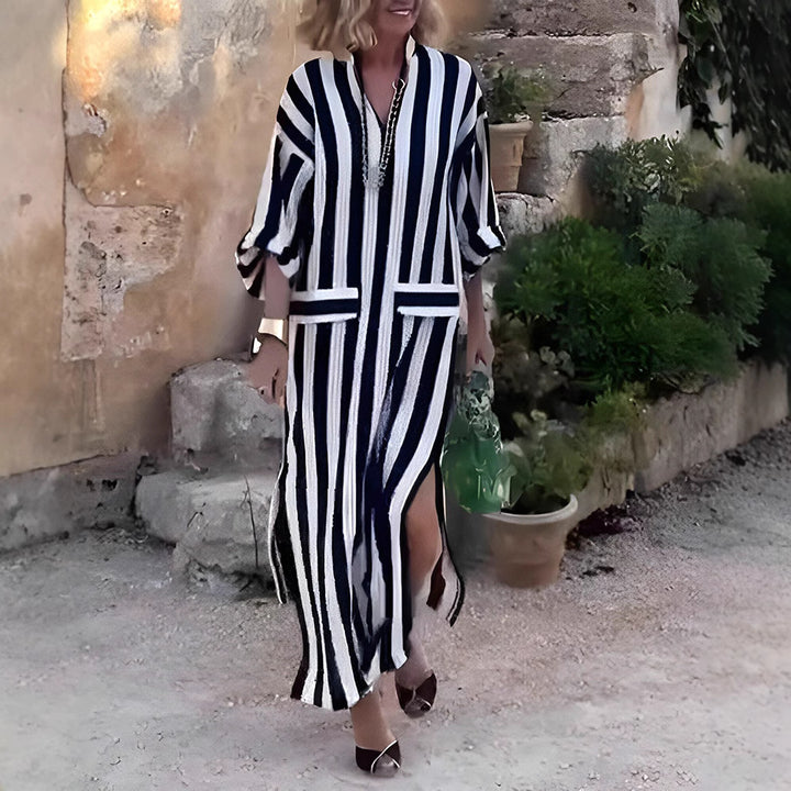 Women casual long shirt dress with vertical stripe pattern, V-neck, patch pockets, and high side slit Mune Fashion
