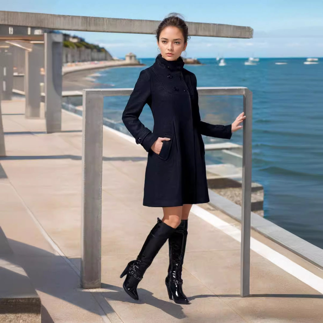 Women Tailored Wool Blend Coat with High Stand-Up Collar and A-Line Silhouette Mune Fashion