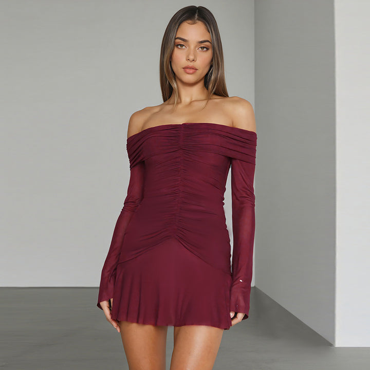Women's Off-Shoulder Skater Dress with Ruched Front and Transparent Mesh Sleeves Mune Fashion