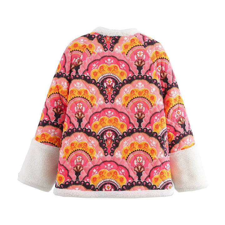 Women quilted jacket with teddy lining and retro-inspired allover print Mune Fashion