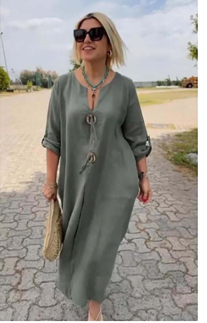 Ladies Long Linen Look Kaftan Dress with Wooden Ring Decorative Cord and Roll-Up Three-Quarter Sleeves Mune Fashion
