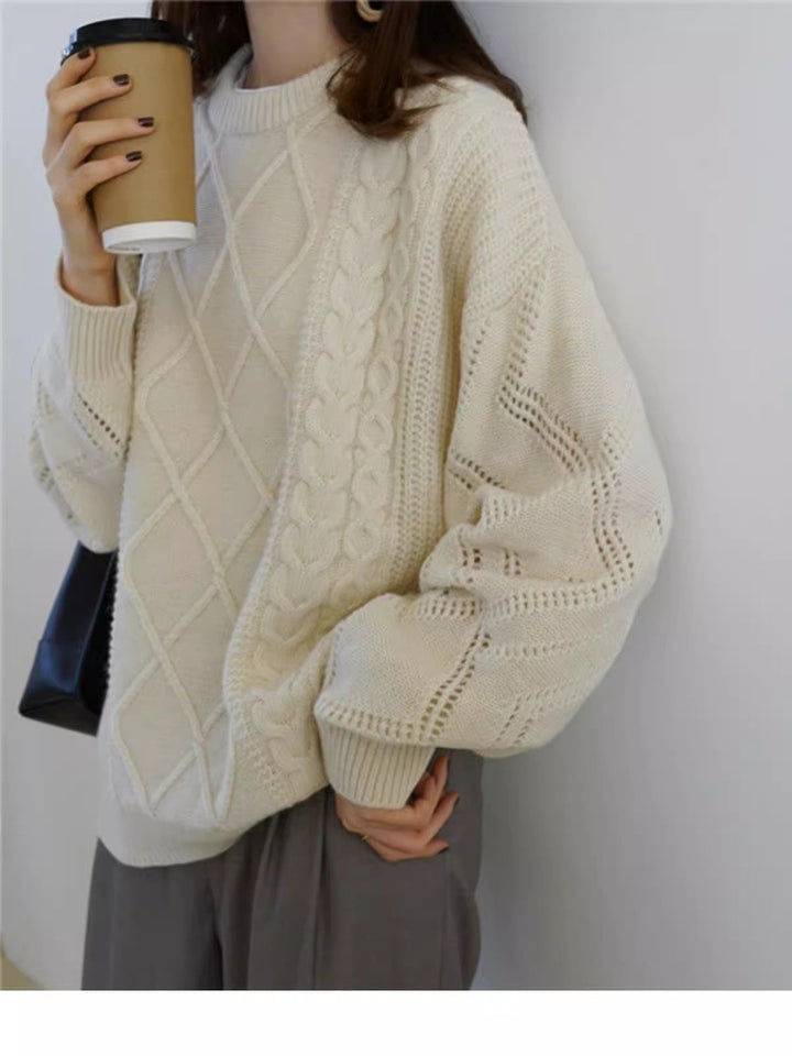 Women’s Oversized Cable Knit Sweater with Openwork Details and Ribbed Hem Mune Fashion
