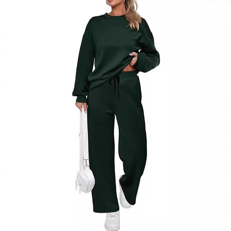 Women's two-piece French terry lounge set with oversized round neck pullover and wide high waist jogger Mune Fashion