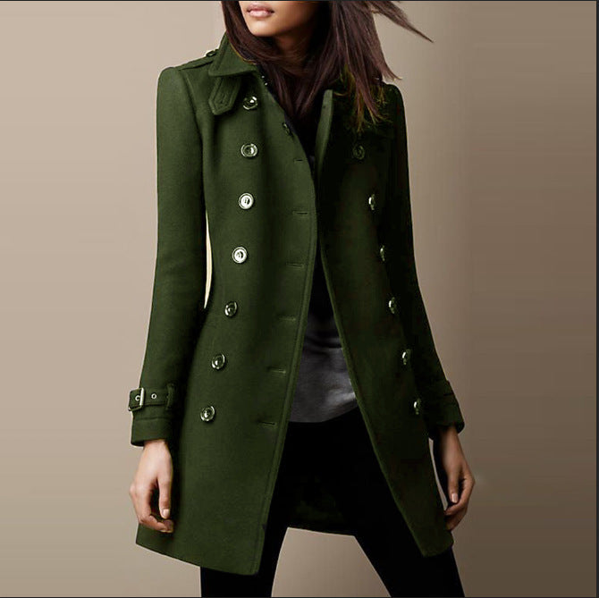 Women's Double-Breasted Wool Blend Trench Coat with Waist Belt Mune Fashion