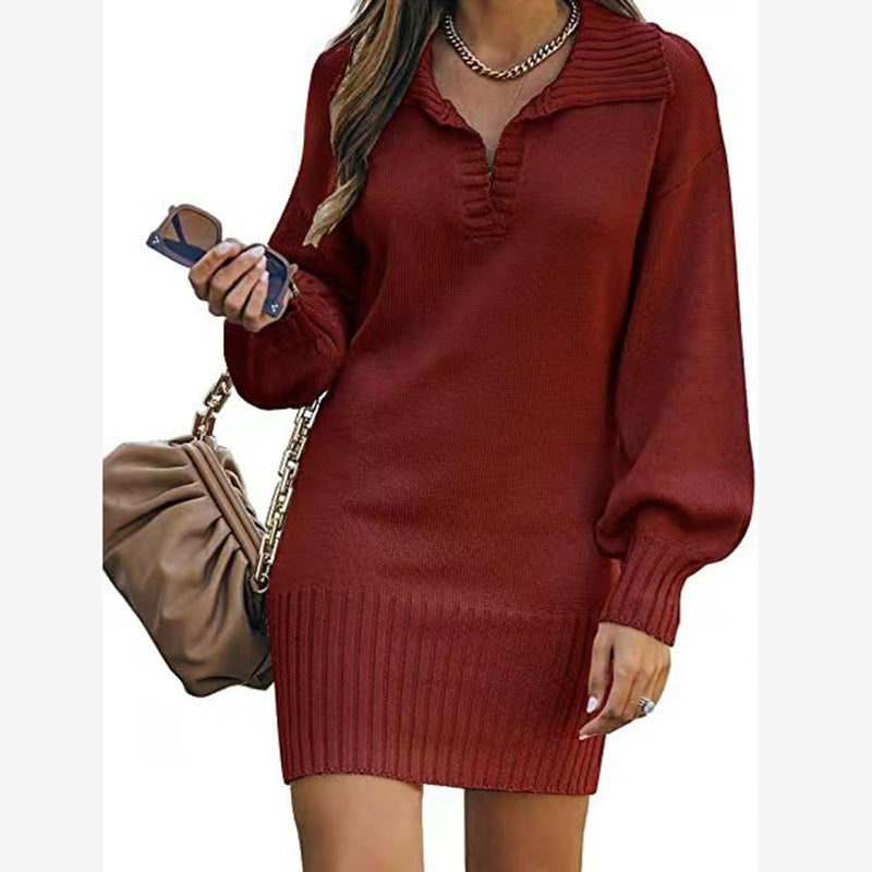 Women's off-shoulder knitted mini dress with wide V-neckline and ribbed waistband Mune Fashion