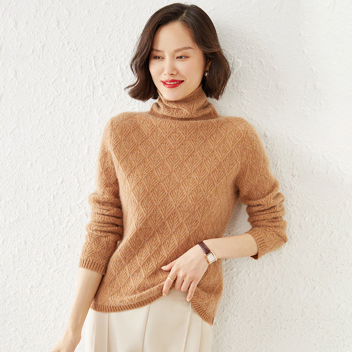 Ladies Luxurious Mohair-Mix Turtleneck Sweater with Diamond Pattern Mune Fashion Openwork Structure Mune Fashion