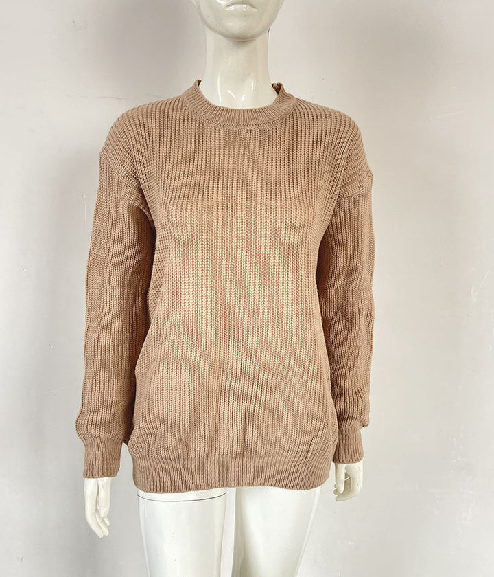Damen Oversize Strickpullover mit Rundhalsausschnitt und gerippten Bündchen Drune