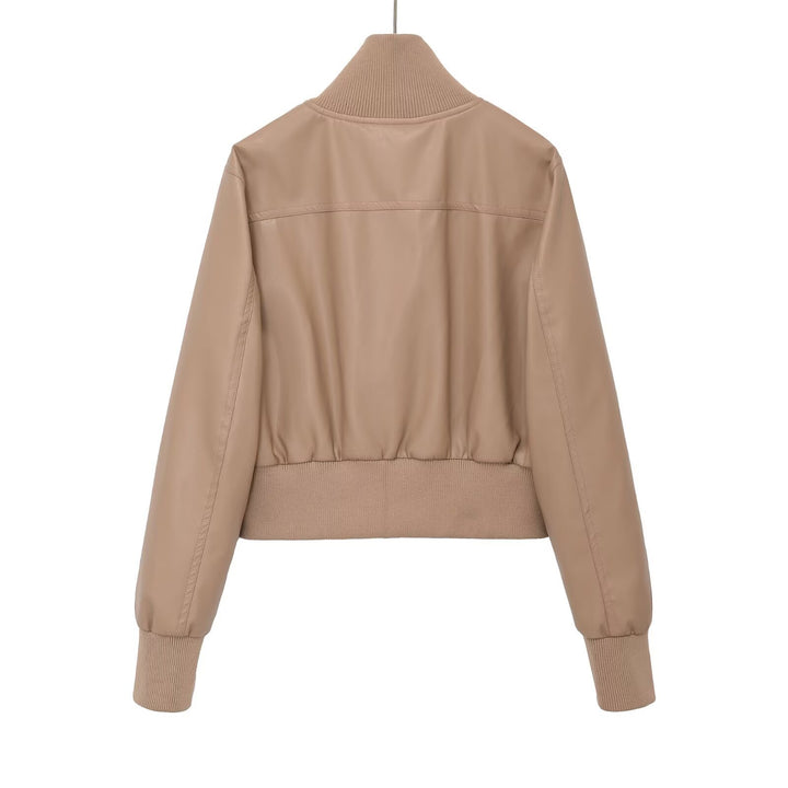 Women's short jacket in leather look with high structured collar and fitted ribbed waistband Mune Fashion