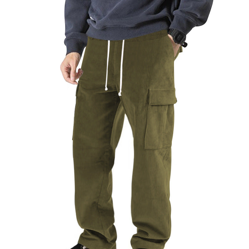 Men's ribbed comfortable cargo pants with elastic drawstring waistband and low-set flap pockets Mune Fashion