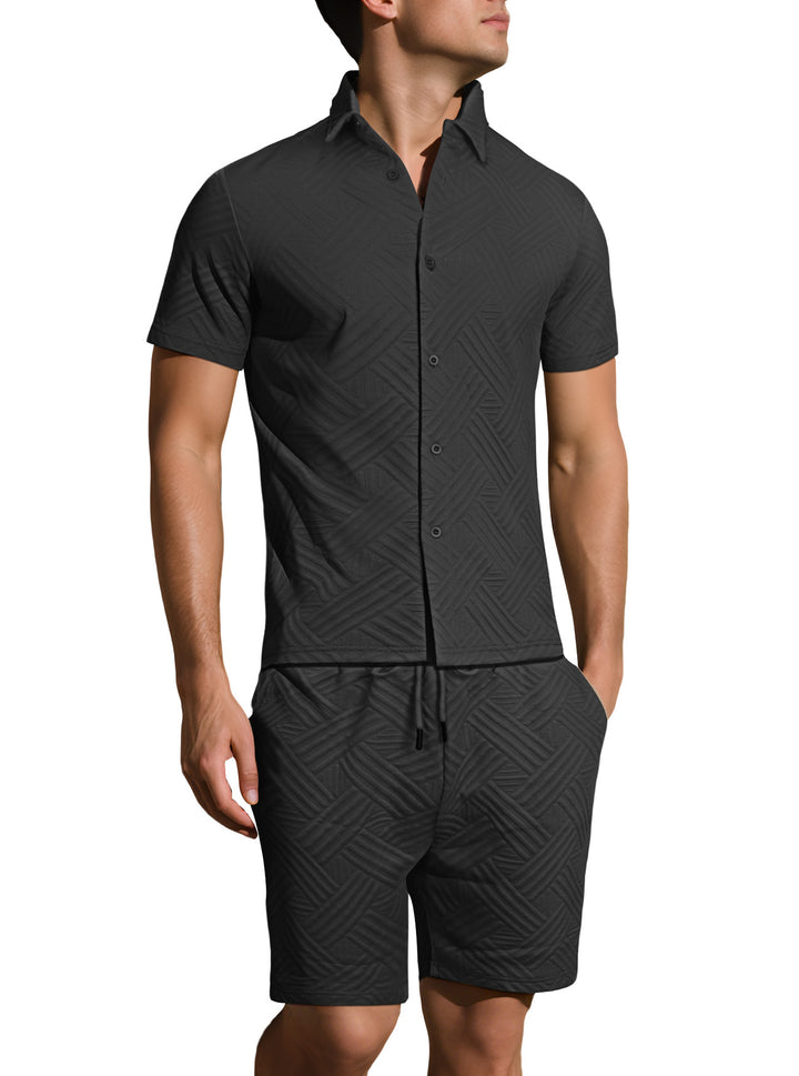 Men's lightweight short-sleeve shirt and Bermuda two-piece set with embossed woven texture and drawstring waistband Mune Fashion