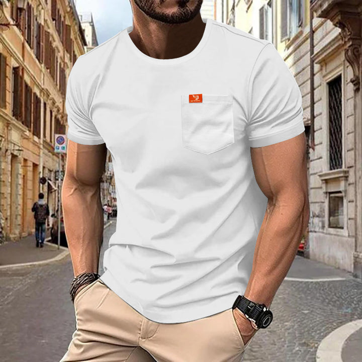 Men's single jersey short-sleeve shirt with patch chest pocket, reinforced seams, and round neckline Mune Fashion