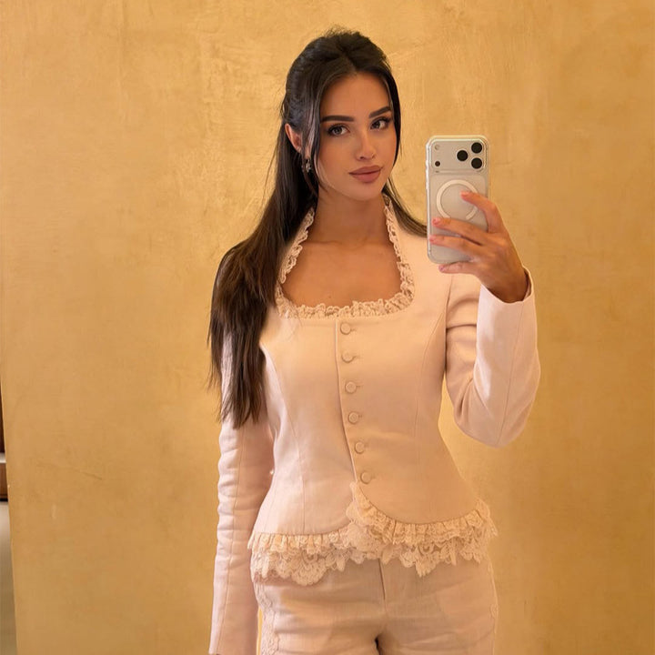 Women Tailored Blazer with Lace Trim, Buttonless and Peplum Mune Fashion
