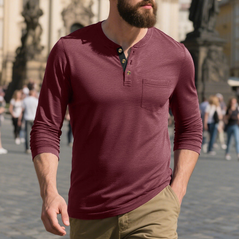 Men's narrow cut Henley shirt with breast pocket and contrasting button placket Mune Fashion