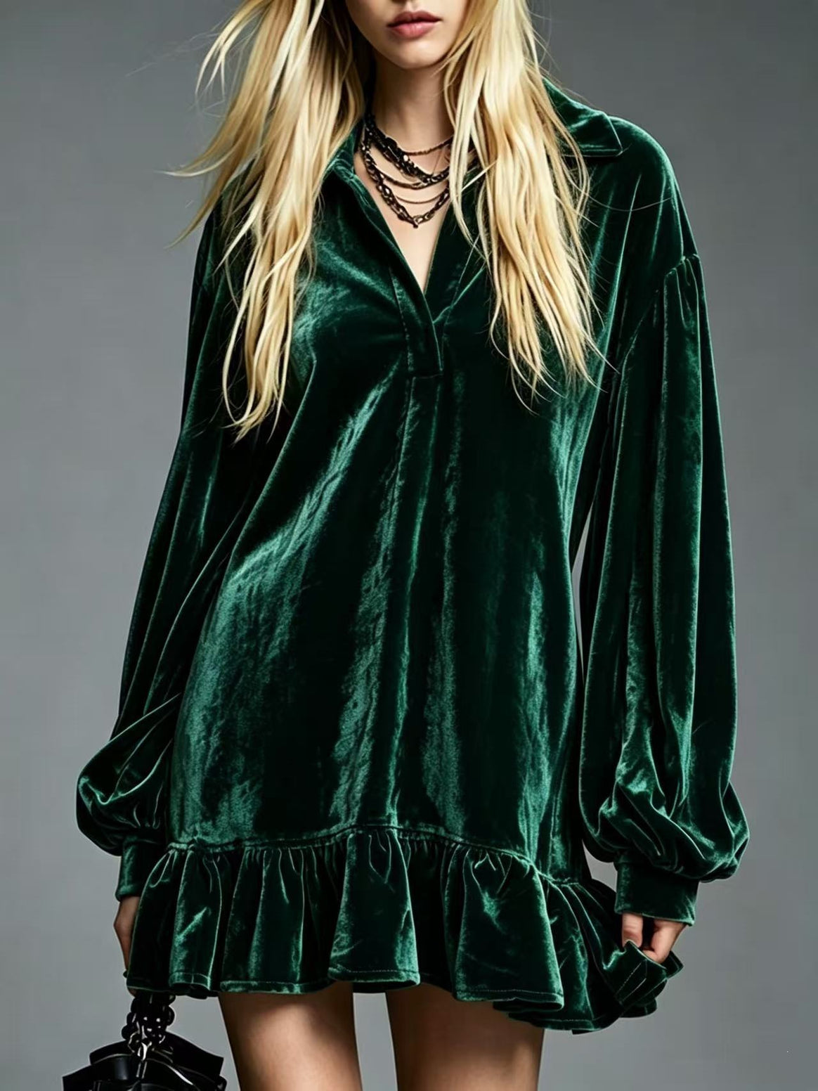 Ladies Velvet Mini Dress with Ruffled Hem, Balloon Sleeves and Shirt Collar Mune Fashion