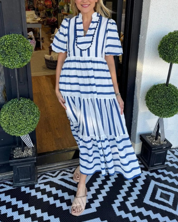 Women Striped Maxi Dress with Tiered Skirt, Ruffle Trim and Puff Sleeves Mune Fashion