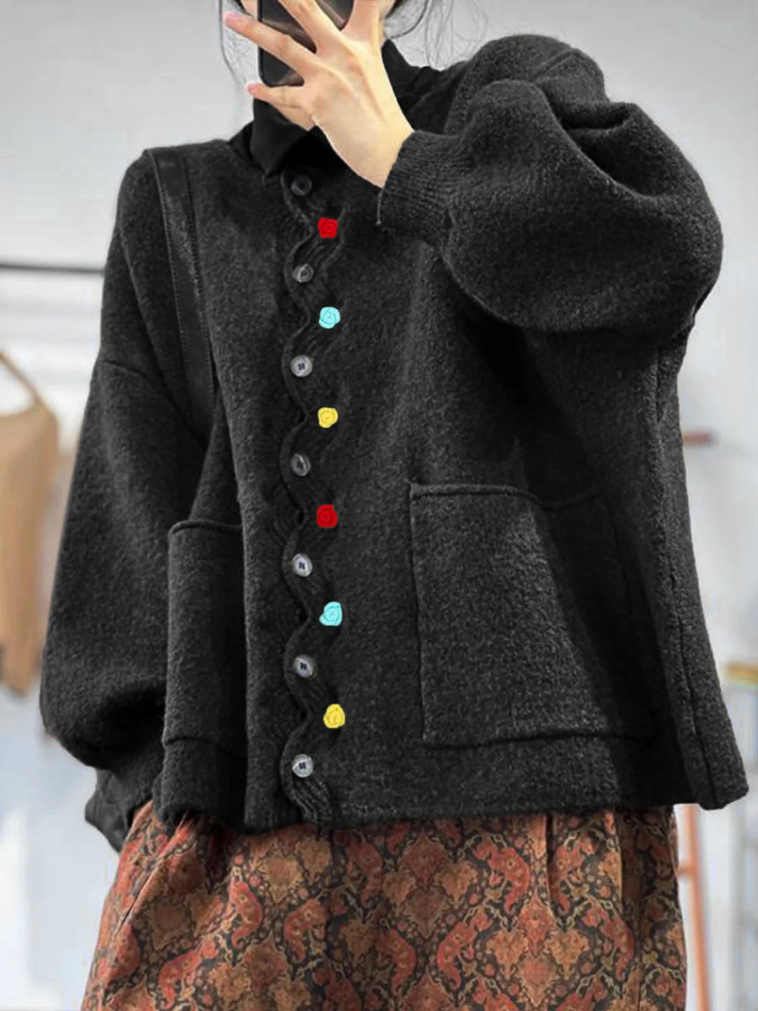 Women's Oversized Knit Cardigan with Decorative Button Placket and Patch Pockets Drune