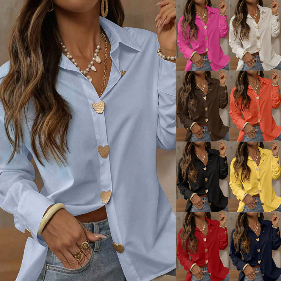Women Silk Look Blouse with Heart Button Detail and Classic Shirt Collar Mune Fashion
