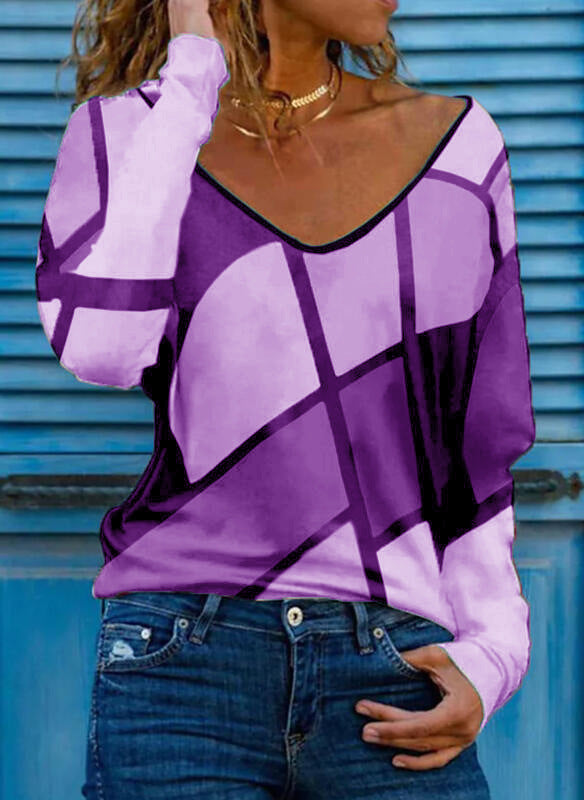 Women's Loose V-Neck Long Sleeve Shirt with Geometric Block Print and Oversized Fit Mune Fashion