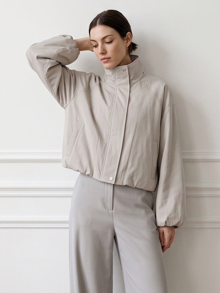 Women's Short Cut Stand Collar Bomber Jacket with Elastic Hem and Raglan Sleeves Mune Fashion