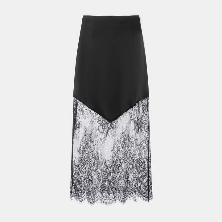 Women's satin skirt with lace overlay and asymmetrical dipped hem Mune Fashion